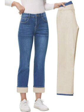 Cozy Fleece Lined Straight Leg Jeans for Women - High Waisted Winter Denim Pants